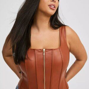 Faux Leather Zip Front Corset Top Brown Sleeveless Women’s 2X